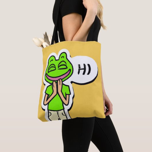 Mann mit lächelndem Froschkopf auf gelber KI Art Tasche (Von Nahem)
