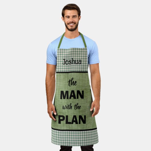 Mann mit Mit Monogramm Plan Green+Gingham Karo Schürze (Getragen)
