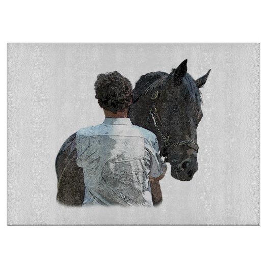 Mann mit Pferdehellglas-Schneidplatte Schneidebrett (Vorderseite)