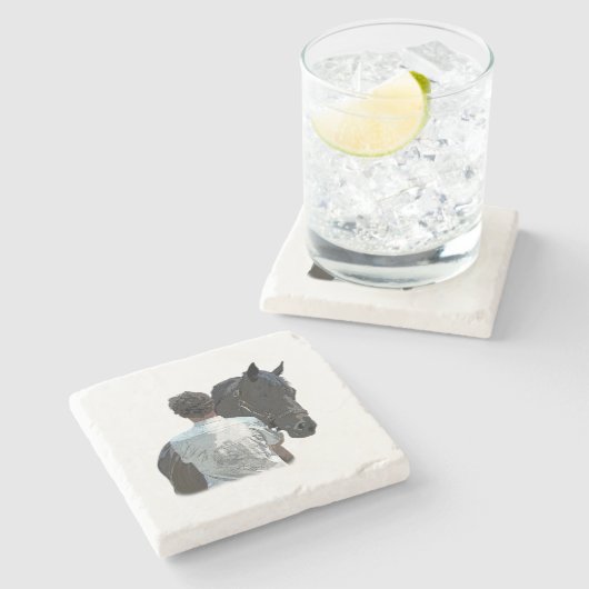 Mann mit Pferdehellstein-Untersetzer Steinuntersetzer (Seitenansicht)