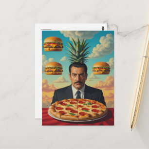 Mann mit Pizza und Cheeseburgern am Himmel Surreal Postkarte