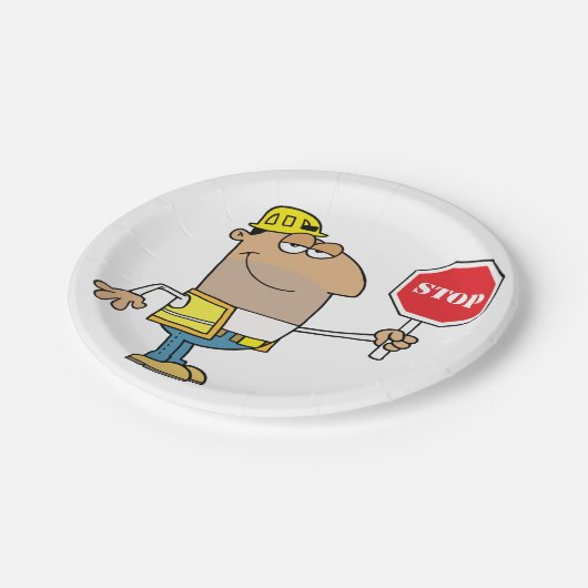 Mann mit Stoppschild Pappteller (Schrägansicht)