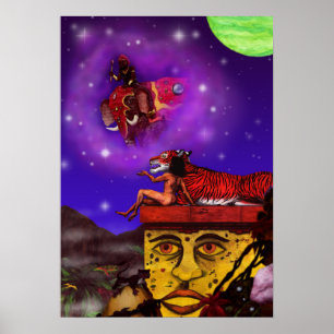 Mann mit Tiger auf dem uralten Dschungeltempel Poster