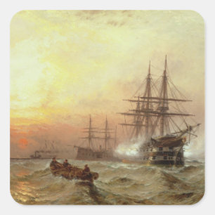 Mann-o' Krieg, der einen Gruß am Sonnenuntergang Quadratischer Aufkleber