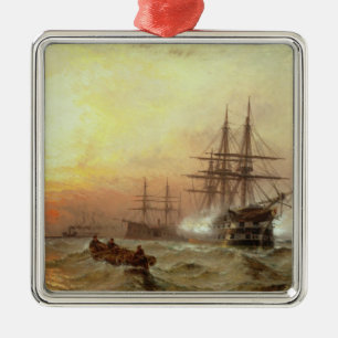Mann-o' Krieg, der einen Gruß am Sonnenuntergang Silbernes Ornament