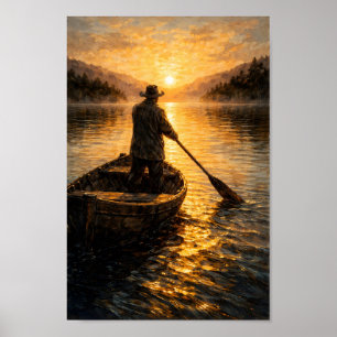 Mann rudert Boot Sonnenuntergang Landschaft Ölgemä Poster