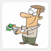 Mann schneidet Geld-Platz-Aufkleber Quadratischer Aufkleber (Vorderseite)