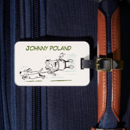 Mann Spazierengehen mit einem lustigen spielerisch Gepäckanhänger