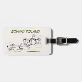 Mann Spazierengehen mit einem lustigen spielerisch Gepäckanhänger (Vorderseite horizontal)