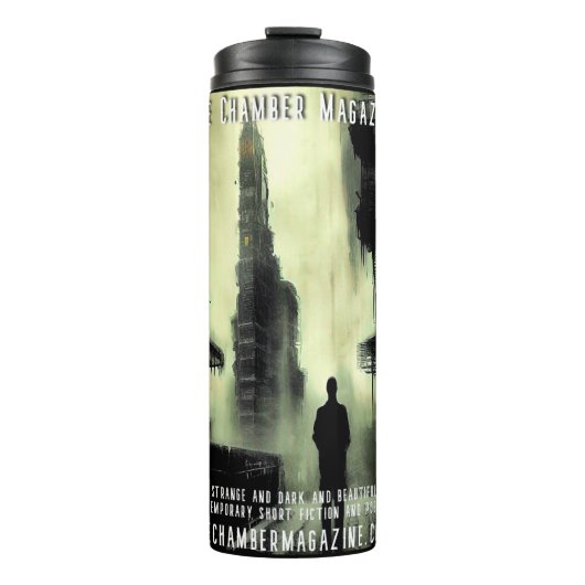 Mann und Cyberpunk-Stadtbild Das Kammermagazin Thermosbecher (Vorderseite)