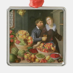 Mann und Frau vor einer Tabelle Ornament Aus Metall