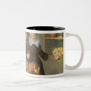 Mann und Frau vor einer Tabelle Zweifarbige Tasse