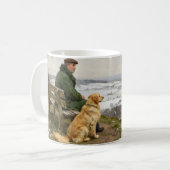 Mann und Hund genießen den winterlichen Landschaft Kaffeetasse (Vorderseite Links)