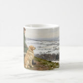 Mann und Hund genießen den winterlichen Landschaft Kaffeetasse (Mittel)