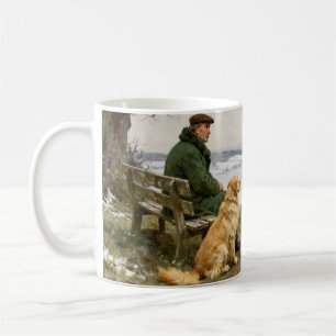 Mann und Hund genießen den winterlichen Landschaft Kaffeetasse