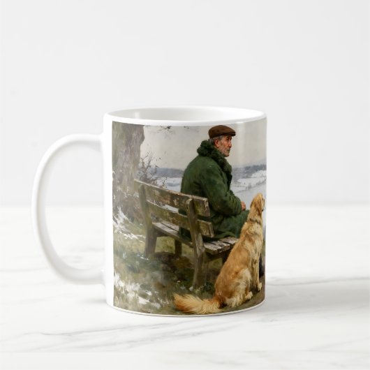 Mann und Hund genießen den winterlichen Landschaft Kaffeetasse (Links)
