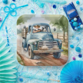 Mann und Hund im alten blauen Lkw Pappteller (Party)