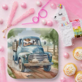 Mann und Hund im alten blauen Lkw Pappteller (Party)