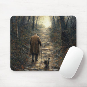 Mann und sein Hund gehen bergauf in einem dunklen  Mousepad