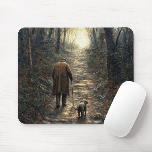 Mann und sein Hund gehen bergauf in einem dunklen Mousepad (Mit Mouse)