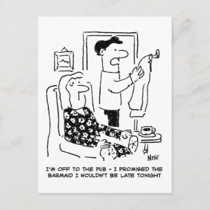 Mann verlässt das Haus für Pub-Cartoon Postkarte