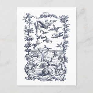 Mann, Vögel und andere Tiere 1776 Radierung Postkarte