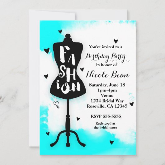 Mannequin Stand FASHION Aqua & White mit Herz Einladung (Vorderseite)