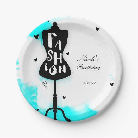 Mannequin Stand FASHION Aqua & White mit Herz Pappteller (Vorderseite)