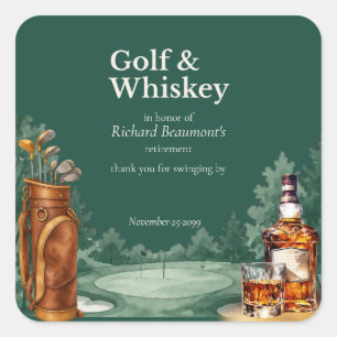 Männer-Chic-Golf- und Whiskey-Themen-Ruhestandsfei Quadratischer Aufkleber