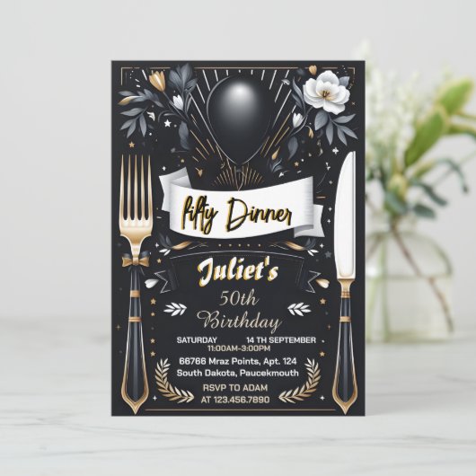 Männer Erwachsener Abendessen elegant 50. Geburtst Einladung (Stehend Vorderseite)
