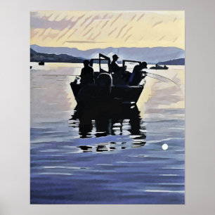 Männer fischen am See abstrakte Silhouette Poster