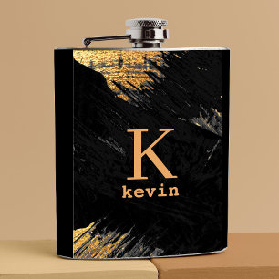 Männer-Monogramm modern schwarzes Gold personalisi Flachmann