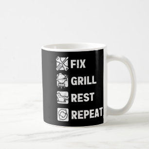 Männer reparieren Grill Rest Wiederholung Routine Kaffeetasse
