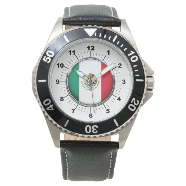 Männerflagge - Schwarzes Lederband in Mexiko Armbanduhr (Vorderseite)
