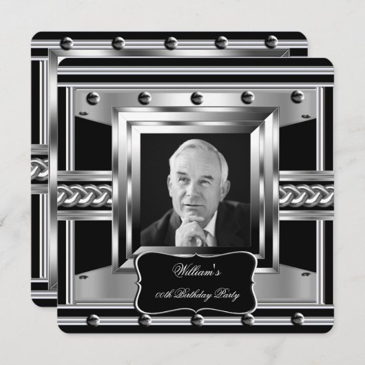 Männergestüte Black Silver Birthday Foto 2 Einladung (Vorne/Hinten)