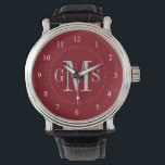 Männerklasse Personalisierte Monogrammüberwachung Armbanduhr<br><div class="desc">Elegante und klassische, saubere und einfach angepasste mit Monogramm Uhren für den besonderen Typ auf Ihrer Geschenkliste. Klassisch leicht lesbare Zahlen mit weißen Hashmarken und knurrigem rotem Gesicht. Fett und ausgeklügelt für traditionelle Stillemen - klicken Sie auf Anpassen, um die Hintergrundfarbe, die Größe des Schriftartes, den Stil oder die Farben...</div>
