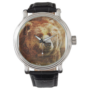 Männerüberwachung mit Grizzly Bären-Illustration Armbanduhr