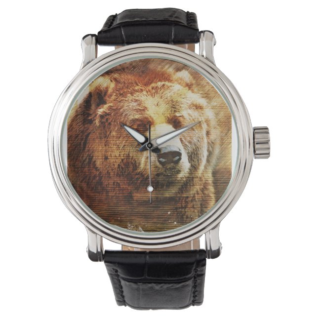 Männerüberwachung mit Grizzly Bären-Illustration Armbanduhr (Vorderseite)