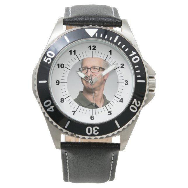 Männeruhr - Personalisiert - Schwarzes Leder Armbanduhr (Vorderseite)