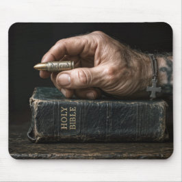 Mannes Hand auf einer Bibel, die eine Kugel hält Mousepad