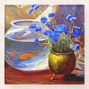 Mannheim - Goldfischglas und Blumen Glasuntersetzer