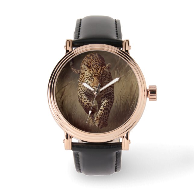 Männlich, Leopard Hintergrund, Herren Uhr (Vorderseite)