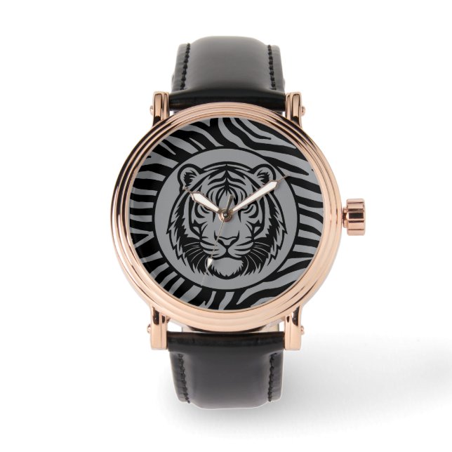 Männlich, Schwarz Grau Tigergesicht, Moderne Uhr (Vorderseite)