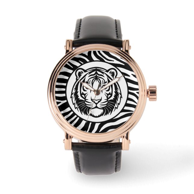 Männlich, Schwarz Weiß Tiger Gesicht, Moderne Uhr (Vorderseite)