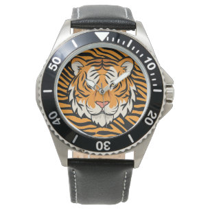 Männlich, Tigergesicht, Tigermuster Hintergrund Armbanduhr