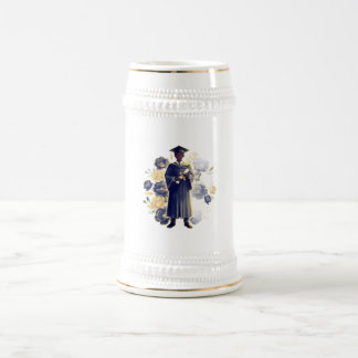 Männliche Abschluss-Silhouette mit Blumen Bierglas