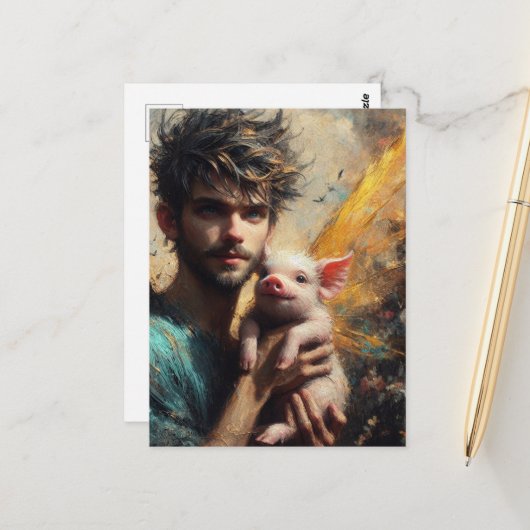 Männliche Faibe mit Baby Pig Postkarte (Vorderseite/Rückseite Beispiel)