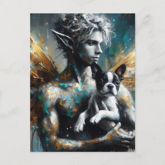 Männliche Faibe mit Boston Terrier Puppy Postkarte (Vorderseite)