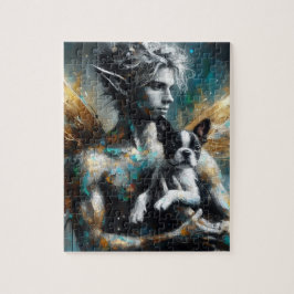 Männliche Faibe mit Boston Terrier Puppy Puzzle