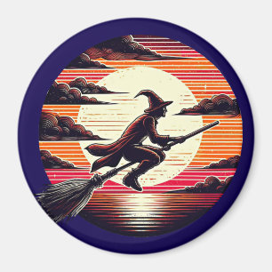 Männliche Hexe reitet Broom in der Kunst-Illustrat Magnet